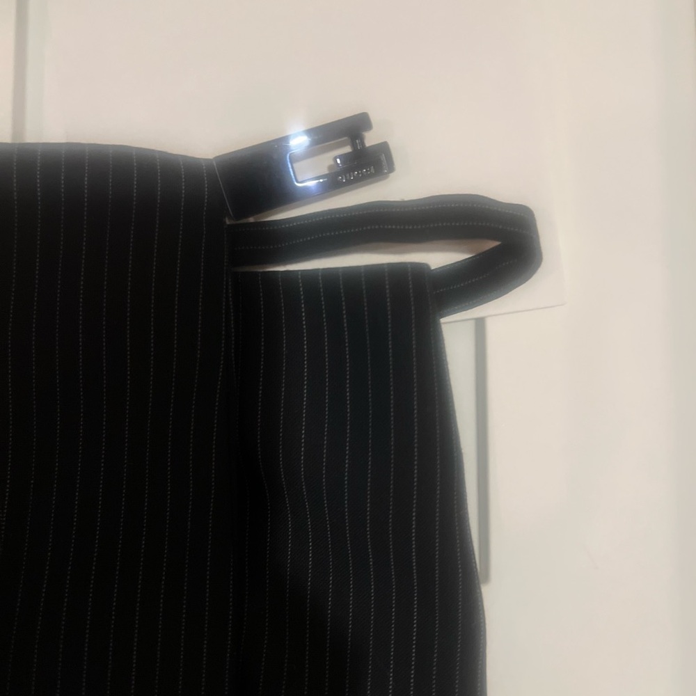 1998 Gucci by Tom Ford G Logo Buckle Wrap Black pinstripe Wool Mini Skirt